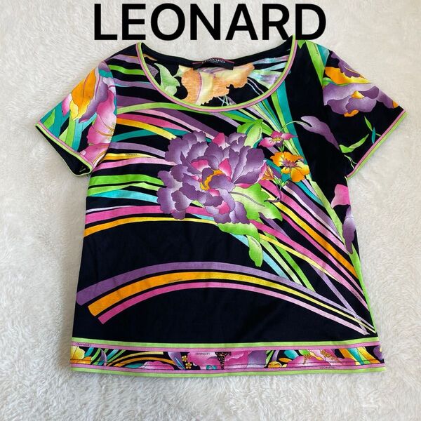 LEONARD 半袖 カットソー 花柄 総柄 ブラック ボタニカル コットン L