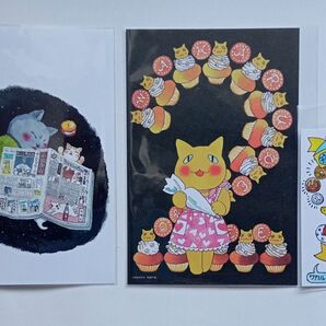 【新品】夜廻り猫 ポストカード2枚(スタンプ押印有り)、 夜廻みくじ 1枚 セット 深谷かほる