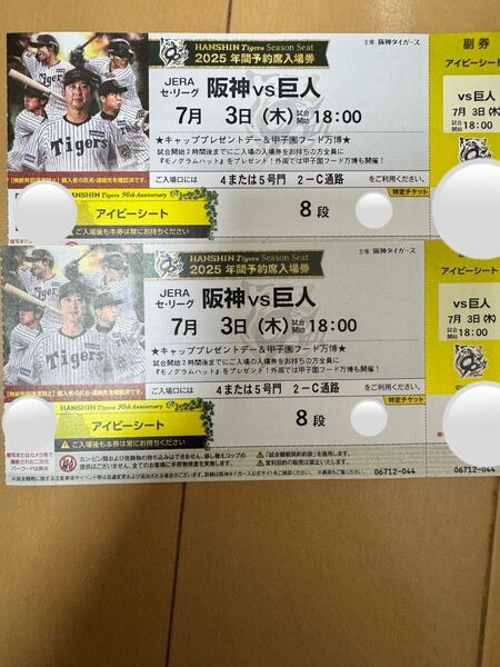 7月3日 阪神VS巨人 アイビーシート 通路側ペア