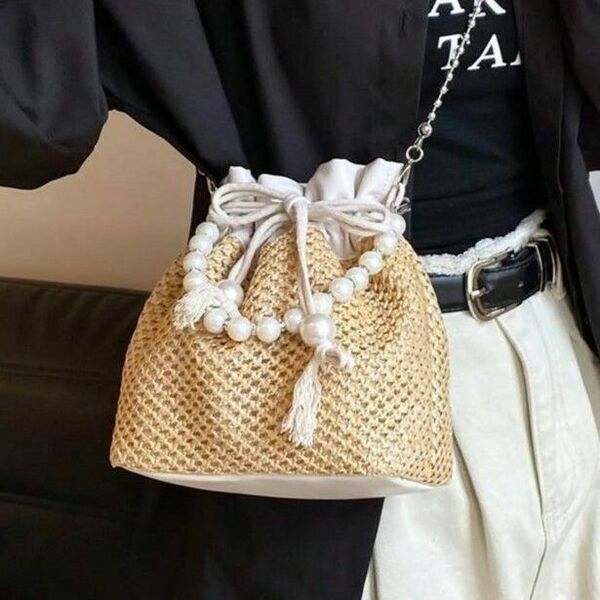 お洒落 シンプル 編み込み パールチェーン ハンドバッグ ショルダーバッグ 人気 夏 サマーバッグ934670