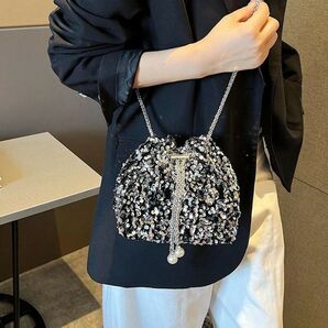 ミニグリッター ドローストリング バケツバッグ パーティー カジュアル ショルダーバッグ キラキラ 巾着バッグ538937