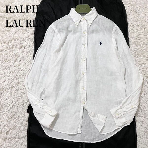 【美品】ラルフローレン RALPH LAUREN メンズ 長袖シャツ リネン100% ボタン ワンポイント 刺繍 白 M相当