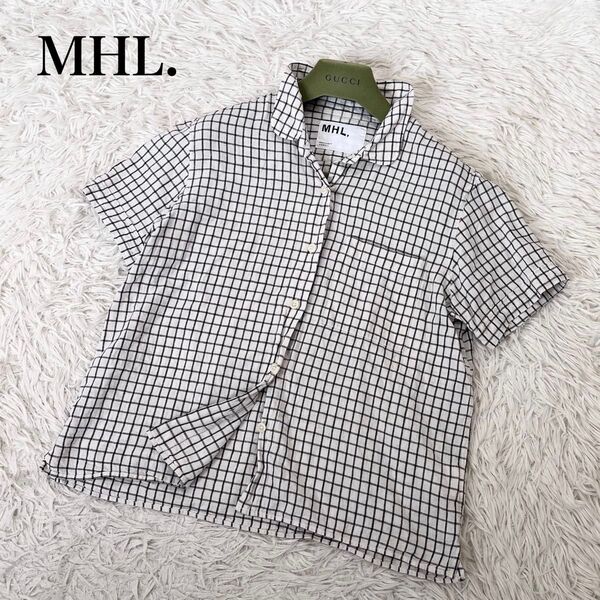 【美品】エムエイチエル MHL. レディース 半袖シャツ 麻 リネン混 チェック ボタン 胸ポケット 白 ホワイト Ⅱ M 春夏