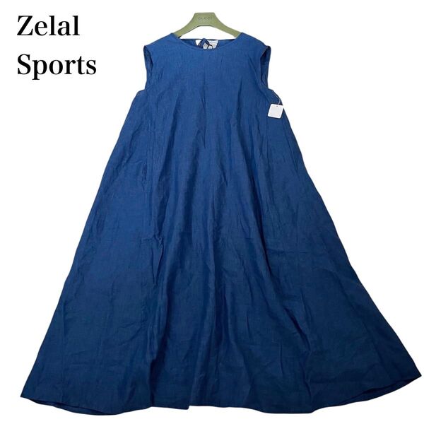 【超美品】ゼラールスポーツ Zelal レディース ワンピース ノースリーブ マキシ丈 リネン100% ブルー 15AR タグ付き