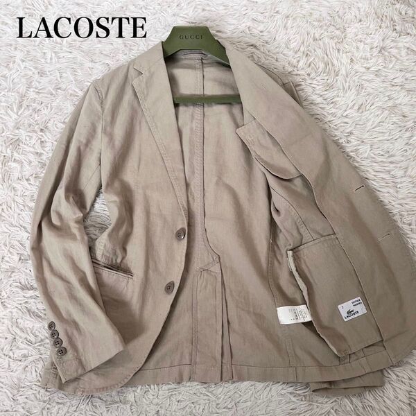【美品】ラコステ LACOSTE メンズ サマージャケット テーラード アンコン 麻 リネン ベージュ M 2B センターベント
