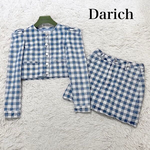 【美品】ダーリッチ Darich レディース コンパクトデニムセットアップ 長袖 ギンガムチェック 銀ボタン M ウォッシャブル