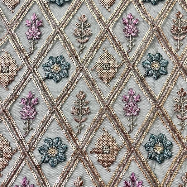 インド刺繍生地 くすみダークグリーン チュール