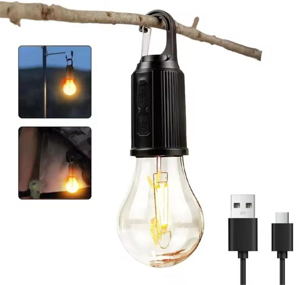 【2個セット】USB充電式 LED吊り下げランタン 電球型 アウトドア キャンプライト アンティーク