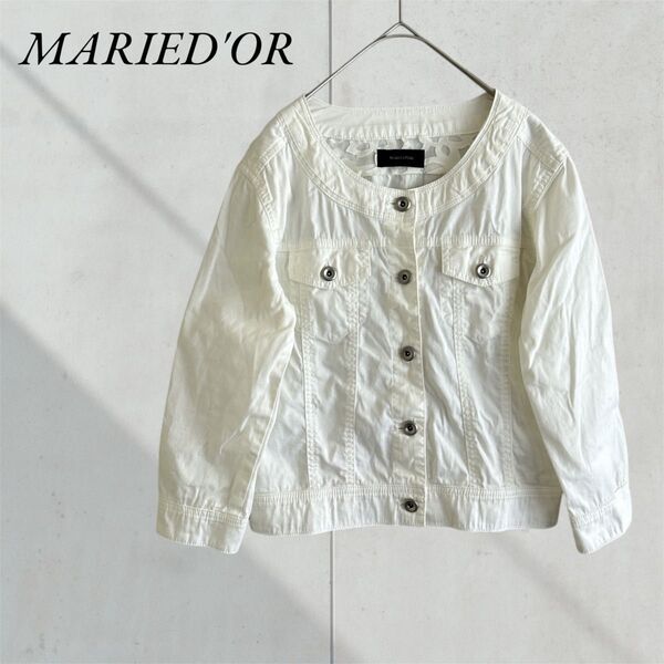 ◆ MARIED'OR マリードール ブルゾン ノーカラージャケット ショート丈 アウター 薄手 スタイリッシュ ホワイト