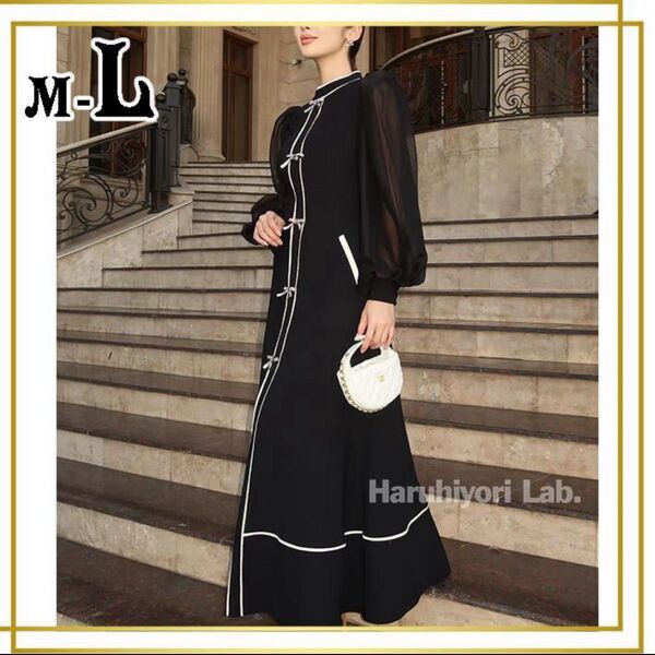 ♪新品♪ワンピース ドレス ロング丈 リボン シフォン 結婚式 お呼ばれ 黒 L ブラック ロングワンピース 長袖ワンピース