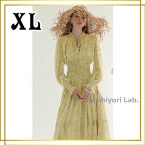 ♪新品♪ 花柄 ワンピース フローラルパターン マキシワンピース 淡い黄色 XL 袖あり