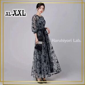 ♪新品♪パーティードレス ロング ブラック 花柄 結婚式 お呼ばれ 演奏会 ブラック 黒 XXL 3L