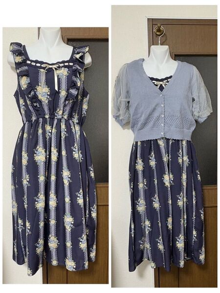 【axes femme】紺縦ライン薔薇柄ワンピース ネイビー フレアワンピース