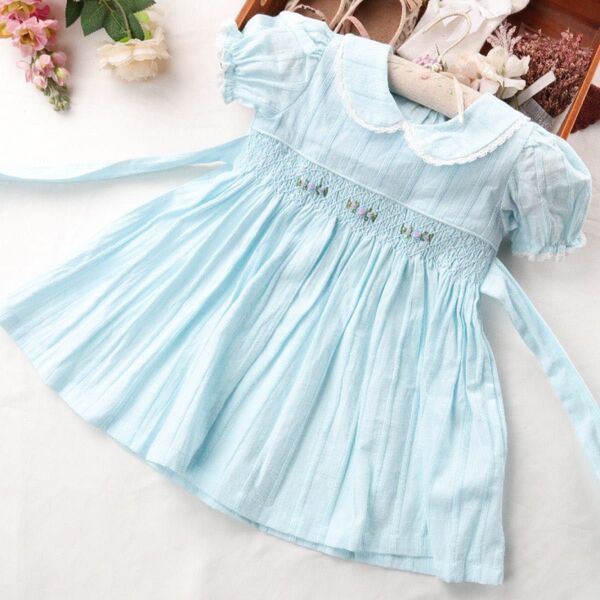 新品 スモッキングワンピース 水色 夏 半袖 清楚 子供服 襟付き 発表会 誕生日