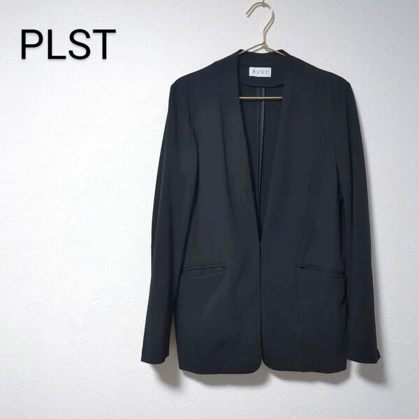 PLST マルチストレッチカラーレスジャケット L黒 プラステ洗えるVノーカラーブラック 通勤仕事オフィスビジネスカジュアル洗濯機