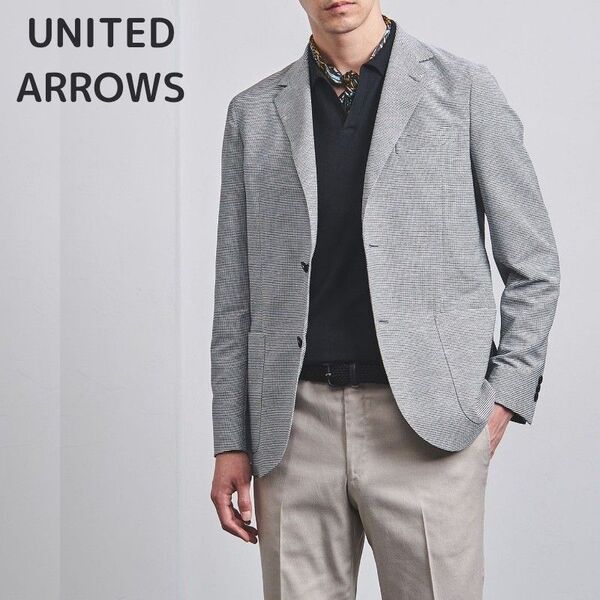 美品!UNITED ARROWS ミニチェックカラミテーラードジャケット Lライトグレー ユナイテッドアローズ通勤仕事ビジネス