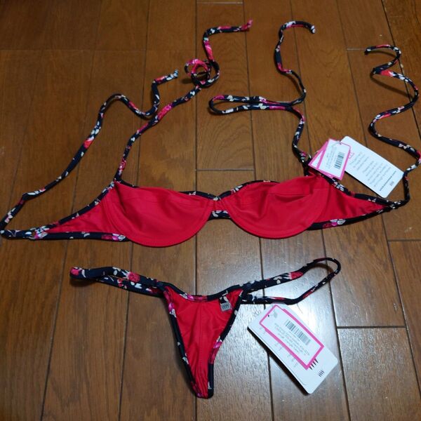 wicked weasel フラワープリント セパレートビキニ 赤黒 Tバック ビキニ シースルー