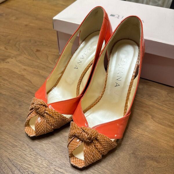 DIANA ダイアナ パンプス オープントゥ リボン オレンジ ブラウン 24cm