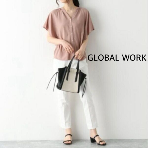 グローバルワーク さらさらリラックス 半袖 ブラウス ノーカラー M くすみピンク GLOBAL WORK