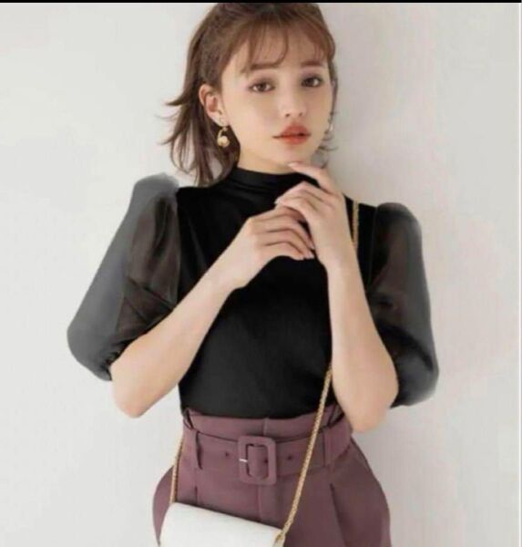 GRL 袖チュール切替えハイネックトップス 黒