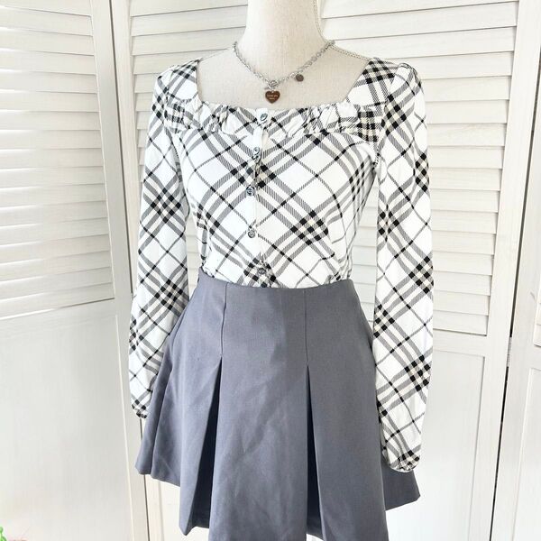 BURBERRY BLUE LABEL バーバリーブルーレーベル スクエアネックカットソー ノバチェック柄 白 ホワイト