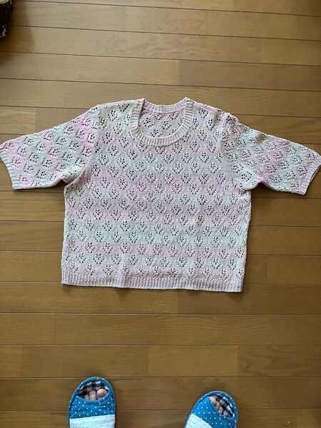 手編み 半袖サマーセーター ピンク/ベージュ グラデーション