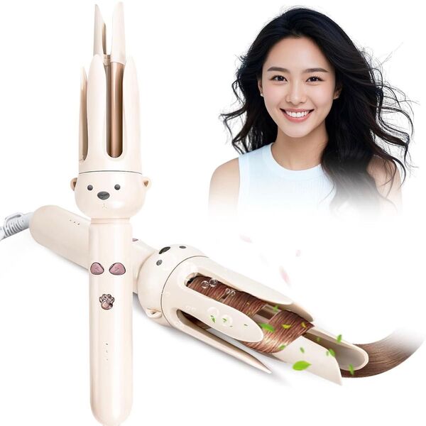 オートカールヘアアイロン 28mm ピンク クマデザイン 自動巻き 火傷防止 3段階温度調整 セラミックコート