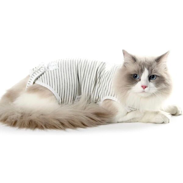 【未使用】猫用 術後服 グレーLサイズ 介護服 傷舐め防止 避妊・去勢後 ケアウェア 小型犬兼用