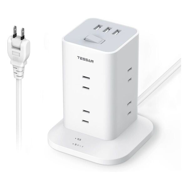 TESSAN タワー型 電源タップ mini型 8口+USB3ポート 延長コード2m【未使用】