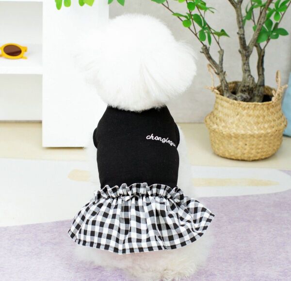 Lサイズ 春夏 ドッグウェア 黒 白 犬服 犬用ワンピース ギンガムチェック