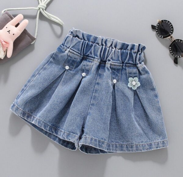 再入荷!110cm キュロット 半ズボン フロントパール 花 デニム 女の子 春夏 キッズ 子供服