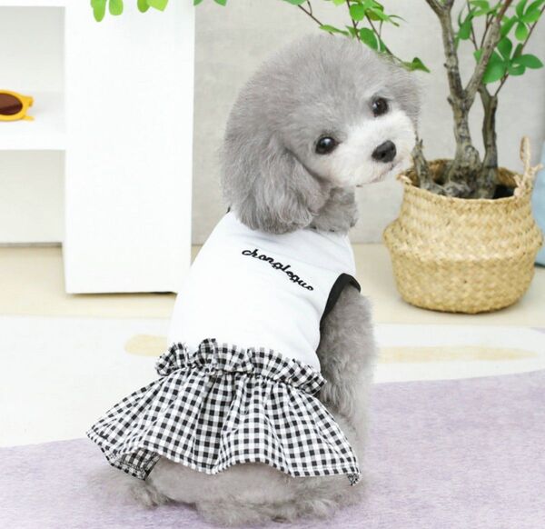 Lサイズ 春夏 ドッグウェア 黒 白 犬服 犬用ワンピース ギンガムチェック