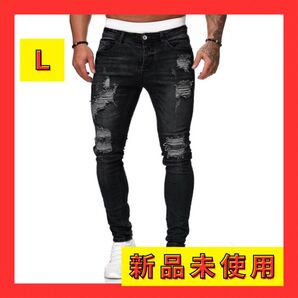 メンズ ダメージデニム ストリート スキニーパンツ ブラック デニム ジーンズ デニムパンツ ストレッチ UKドリル
