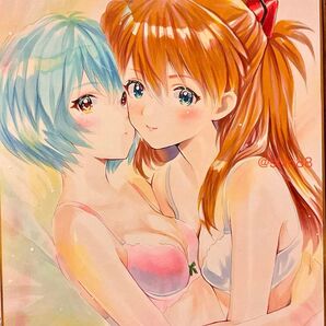 手描きアナログイラスト 新世紀エヴァンゲリオン アスカと綾波レイ 色紙