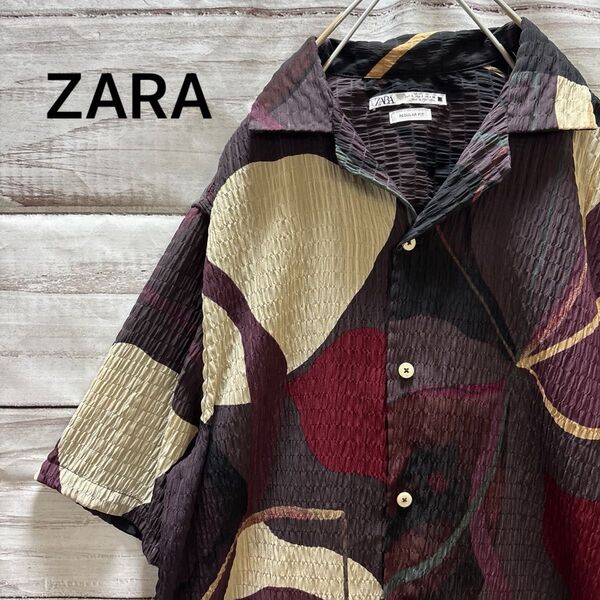 ZARA シアサッカー 総柄オープンカラーシャツ 半袖シャツ 人気 お洒落 シワ