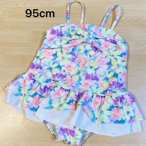 女の子 ワンピース水着【95cm】タキヒヨー/パープル 花柄 フリル カラフル リボン ガールズ スカート付き スイムウェア