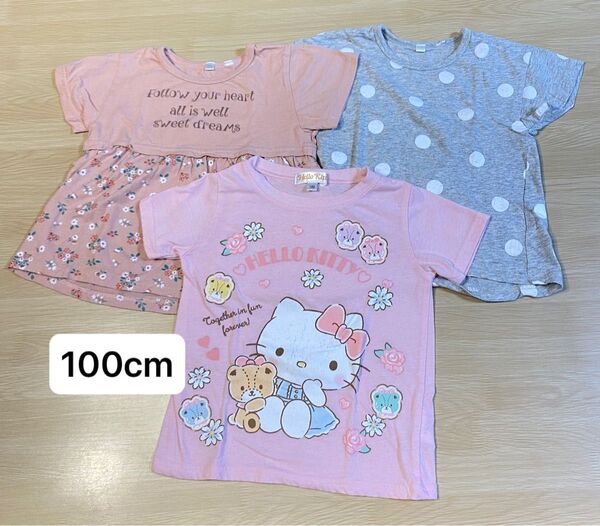 半袖Tシャツ【100cm】3枚セット★ハローキティ 水玉 花柄 ピンク/キッズ 子供服 女の子 ガールズ