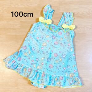 女の子 ワンピース水着【100cm】ガールズ スカート付き スイムウェア シェル柄 ブルー フリル リボン