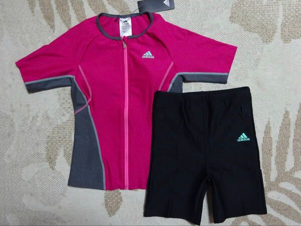 新品未使用 adidasアディダス L 半袖セパレートフィットネス水着 細見え ストレッチ 冷え軽減 UVカット ピンク/ブラック