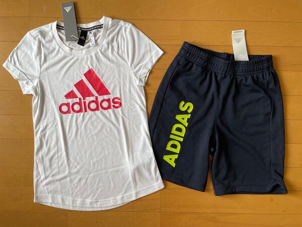 新品未使用 アディダス 上150下140 快適!半袖Tシャツ白・パンツ黒 ガールズ上下