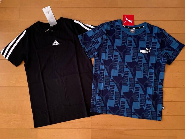 新品未使用 半袖Tシャツ2枚 140 adidasアディダス 3ストライプ ブラック黒 ・PUMAプーマ 総ロゴ 総柄 ブルー紺
