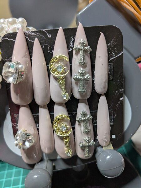 ネイルチップ 10本セット ピンク クロス 月 星 ビジュー