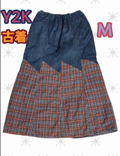 デニム風 + チェック パッチワーク ロングスカート フレア ウエストゴム ネイビー 古着 Y2K マキシ Aライン M つぎはぎ