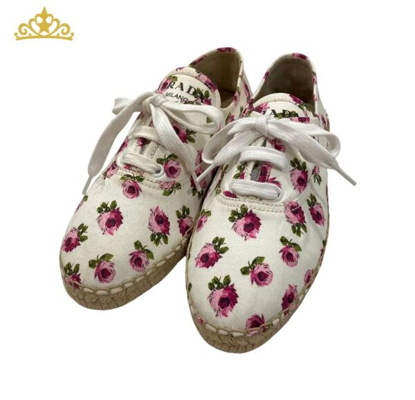 PRADA プラダ 花柄 エスパドリーユ ギャバジン レースアップ シューズ レディース キャンバス スニーカー ピンク