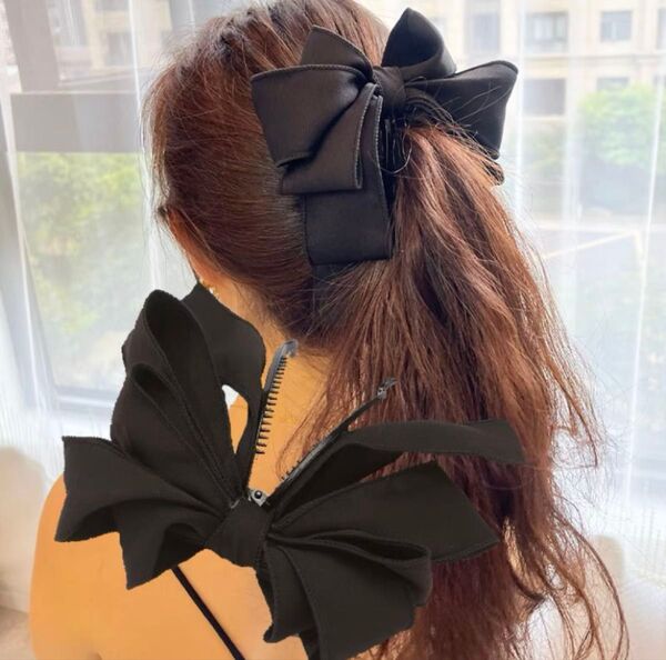シュシュ ヘアリング リボン ヘアゴム ヘアアレンジ 韓国 サテンフリル 髪留め 髪飾りヘアアクセサリー ヘアクリップ 1つ黒