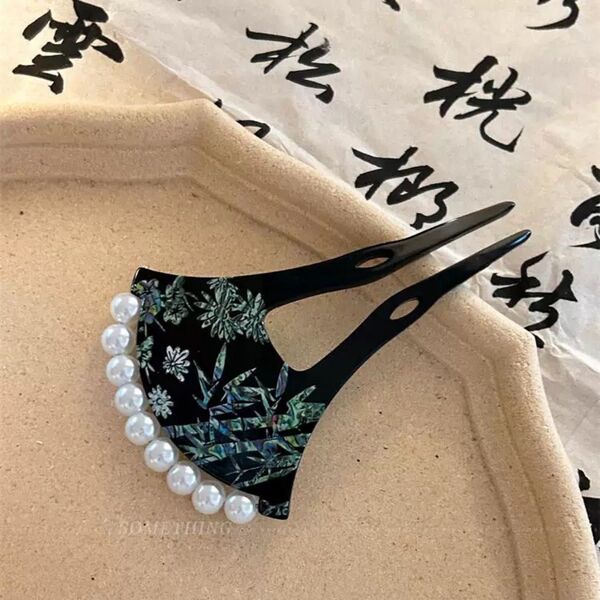 本鼈甲風 黒甲 パール 絵竹様 バチ かんざし 留袖 和装 簪 着物 結婚式 髪飾り