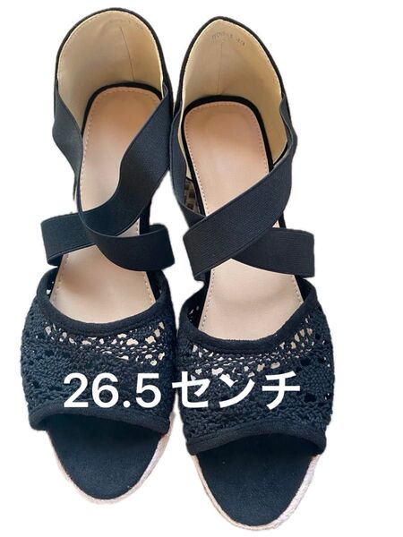 ◎新品 未使用◎ サンダル オープントゥ ウェッジソール 黒 レース 26.5センチ相当
