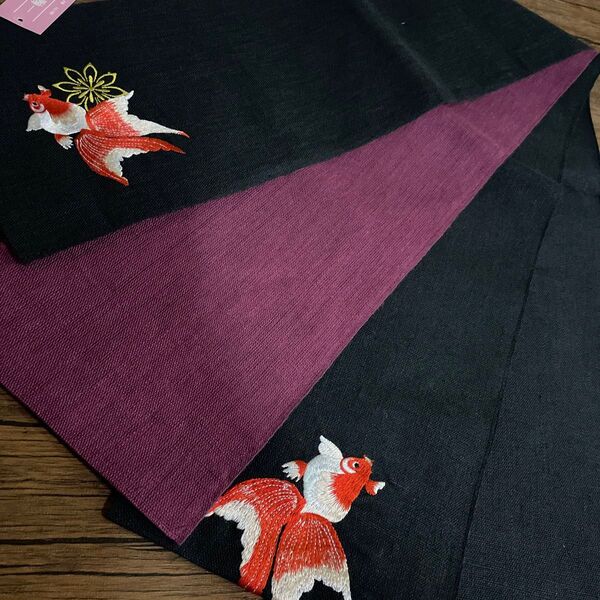 ☆猫刺金魚☆日本製☆刺繍麻帯☆新品オシャレな袋半幅帯☆着物や浴衣に腰まわりオシャレに演出☆