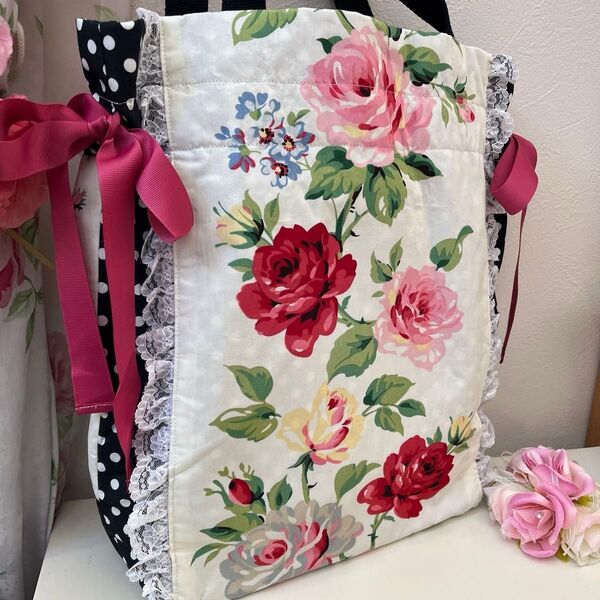 ローラアシュレイ ハンドメイド ダブルリボントートバッグ 薔薇柄 クラリッサ 巾着トートバッグ