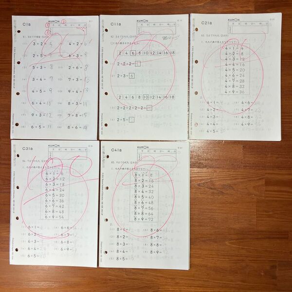 【送料無料】公文式 算数 C1〜50 たし算、引き算、 九九(かけ算) 教材プリント 書き込みあり 採点済み